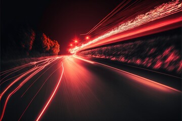  a blurry photo of a highway at night with a red light at the end of the road and trees on the other side of the road.  generative ai - obrazy, fototapety, plakaty