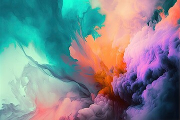 Fototapeta  an abstract painting of multicolored clouds of smoke and liquid in blue, pink, orange, and green colors on a white background.  generative ai obraz