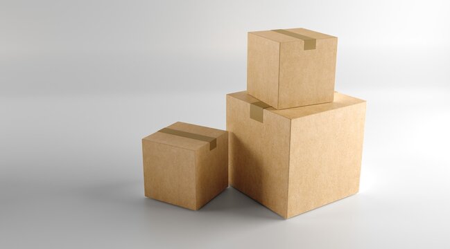 Close up of a cardboard box on white background. Cargo box mockup. 3d rendering.