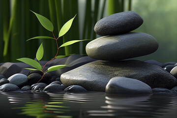 Fototapeta na wymiar Zen garden. Balance stones stack, on water, meditation and spa concept. Generative AI