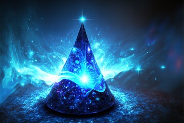  a blue party hat with a blue fire and stars design on the top of it, with a black background and a blue and white swirl around the edges.  generative ai - obrazy, fototapety, plakaty