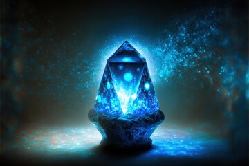  a blue crystal is glowing in the middle of the night sky with stars and dust around it and a blue light shining on the top of the crystal.  generative ai - obrazy, fototapety, plakaty
