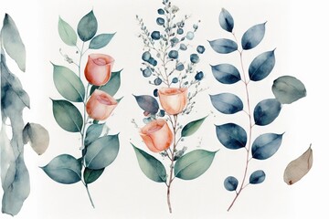 a set of watercolor flowers and leaves on a white background