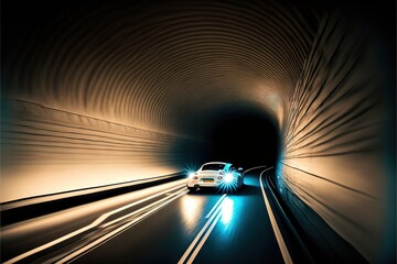  a car driving through a tunnel with lights on the side of the tunnel and a car driving through the tunnel on the other side of the tunnel.  generative ai - obrazy, fototapety, plakaty