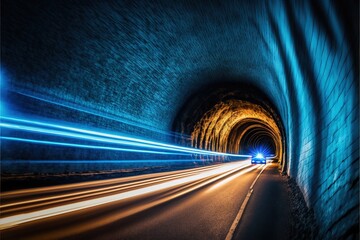  a car driving through a tunnel with light streaks on the side of the tunnel and a car driving through the tunnel with light streaks on the side of the tunnel.  generative ai - obrazy, fototapety, plakaty