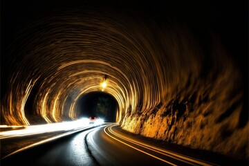  a car driving through a tunnel with light streaks on the side of the tunnel and a car driving through the tunnel on the other side of the tunnel.  generative ai - obrazy, fototapety, plakaty