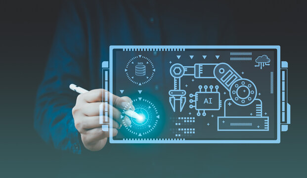 Artificial intelligence technology, futuristic, machine learning, cloud computing, internet of things, computer network concept. Businessman with digital virtual screen, 5g, cyborg, robotic, big data. - Powered by Adobe