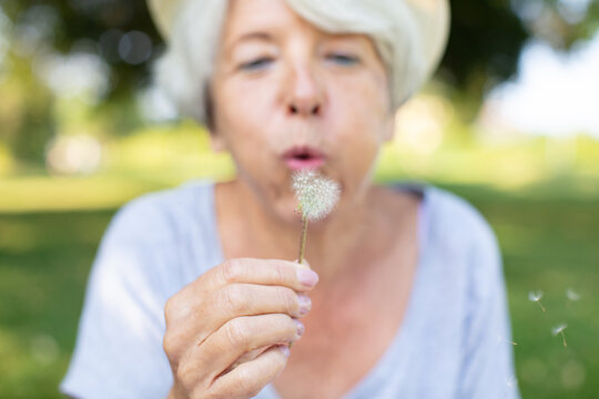 Senior Woman Blowing Dandelion At The Meadow