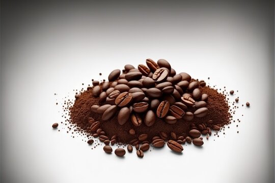  a pile of coffee beans on top of a pile of coffee beans on a white background with a shadow of coffee beans on the ground. Generative AI