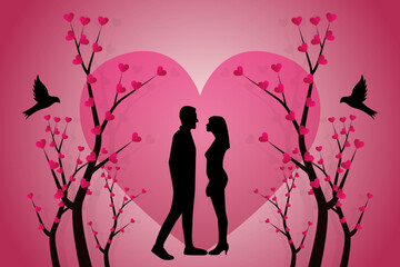 Fototapeta na wymiar Happy valentines day background with love tree. Valentine's day illustration with a heart love tree on a pink background.