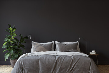 Scandinavian bedroom. Bedroom with dark wall. 3d render.