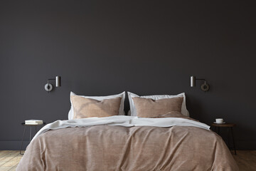 Scandinavian bedroom. Bedroom with the dark wall. 3d render.
