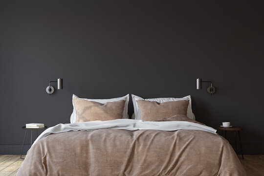 Scandinavian Bedroom. Bedroom With The Dark Wall. 3d Render.