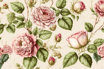 Roses watercolor vintage full background pattern (Ai generated)