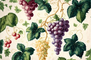 Grapes vintage full background pattern watercolor (Ai generated) - obrazy, fototapety, plakaty