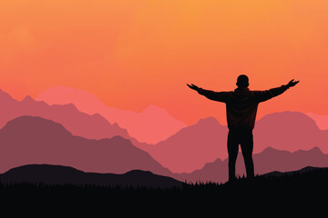 Winner person standing on mountain peak cheering with epic view. Freedom and personal success concept. Winner, conquer, mission accomplished concept. Vector illustration.