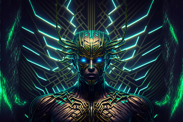 cyber god face installed in complex machinery in virtual space room new quality universal colorful technology stock image illustration design, generative ai