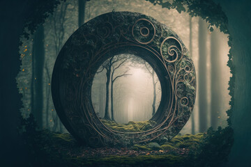 mystical portal in the forest in fog. Generative AI