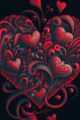 Red and black patterned heart, black background, valentine, illustration, vertical, Generative AI