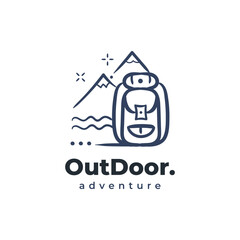 Obraz premium Outdoor adventure backpacker logo icon doodle hand drawn. Hiking mountain minimal drawing illustration.