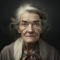 Close up portrait senior old woman posing isolated looking camera contemplating