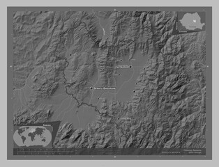 Covasna, Romania. Grayscale. Labelled points of cities