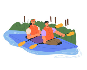 People doing kayaking outdoor water activities and sports on the river. Young couple rafting in kayak or canoe, flat vector illustration isolated on white background.