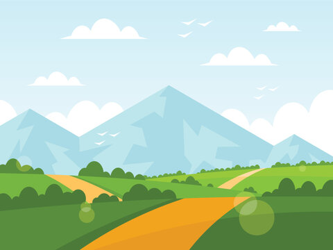 A long path through a large green field against a mountain background. Summer landscape. Vector illustration