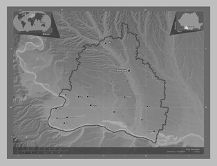 Dolj, Romania. Grayscale. Labelled points of cities