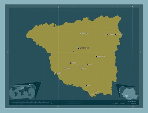 Gorj, Romania. Solid. Labelled points of cities