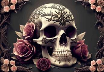 Skull and roses vector illustration. Dark fantasy.