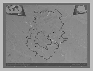 Ilfov, Romania. Grayscale. Labelled points of cities