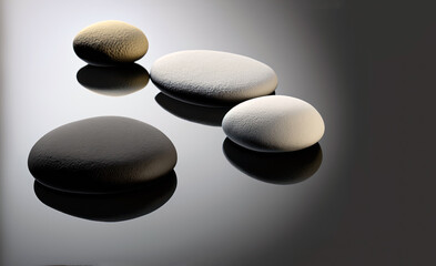 Zen stones on the water, pebbles and reflection, spa and meditation concept. Generative AI