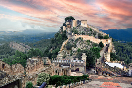Xativa castle at dusk, at a height of 310 metres above the modern-day city, Xativa, Valencia, Spain, Europe