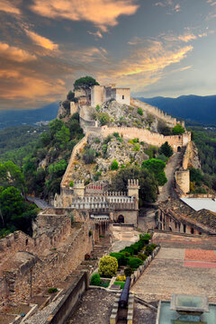 Xativa castle at dusk, at a height of 310 metres above the modern-day city, Xativa, Valencia, Spain, Europe