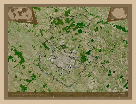 Ilfov, Romania. Low-res satellite. Labelled points of cities