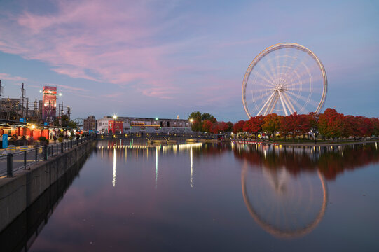 Ferris Wheel at La Grande Roue de Montreal at sunset, Old Port of Montreal, Quebec, Canada, North America