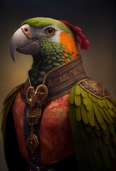 ai generated, 3d rendering of a parrot wearing fancy 1800's clothes