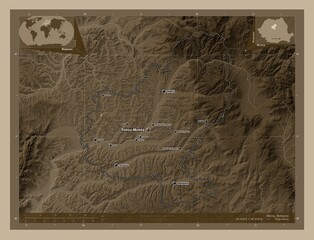 Mures, Romania. Sepia. Labelled points of cities
