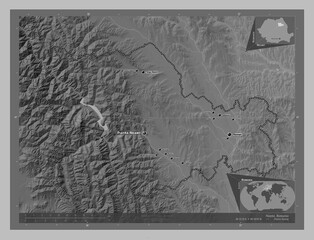 Neamt, Romania. Grayscale. Labelled points of cities