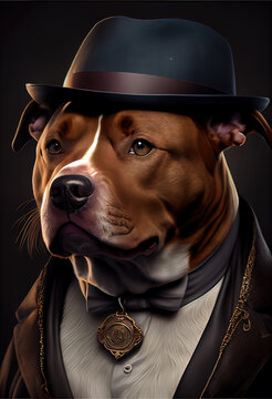 ai generated, Portrait of an American pitbull dog in fancy clothes on a black background.