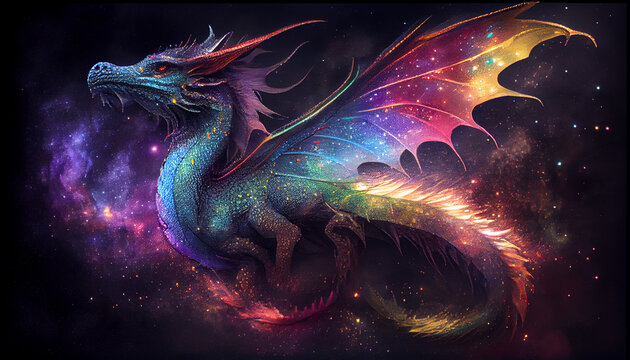 Colored dragon flew in galaxy, generative ai