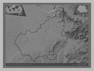 Satu Mare, Romania. Grayscale. Labelled points of cities