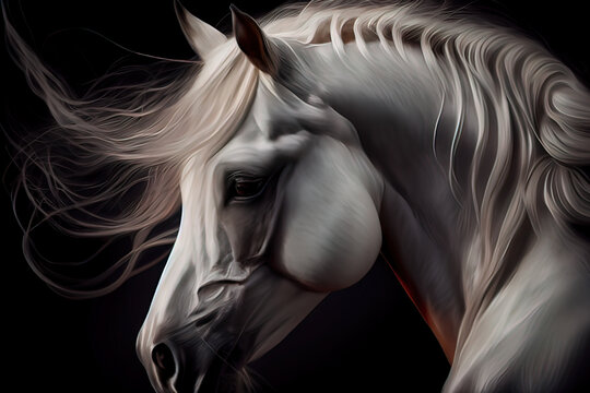 ai generated, White horse with long mane on black background. Digital painting.