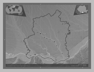 Teleorman, Romania. Grayscale. Labelled points of cities