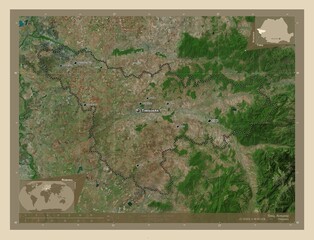 Timis, Romania. High-res satellite. Labelled points of cities