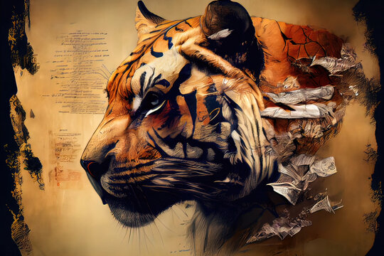 ai generated , 3d render ofa  tiger on a yellow paper background