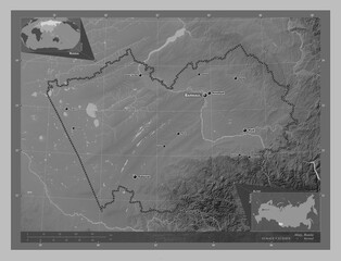 Altay, Russia. Grayscale. Labelled points of cities
