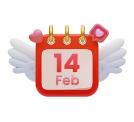 3D rendering. Valentine's day calendar with wings. Valentine's day icon.
