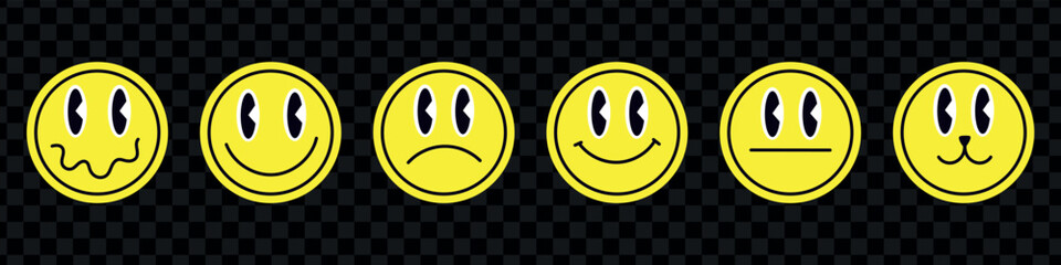 Trendy retro faces stickers set. Abstract cool patches collection. Positive smile, sad and weird children elements. Flat vector isolated illustration